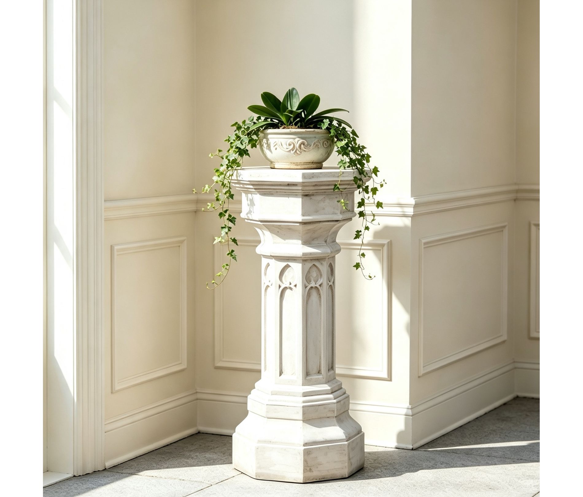 Floral Pedestal Plant Stand Patio End Table Indoor&Outdoor Decorative Column Side Table Weather-Resistant Accent Table, No Assembly, White -ModernLuxe