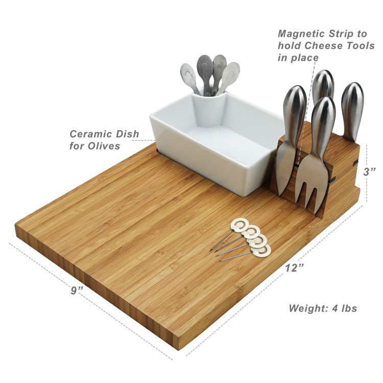 Picnic at Ascot Bamboo Charcuterie Board with Cheese Tools & Ceramic Dish, 3 of 5