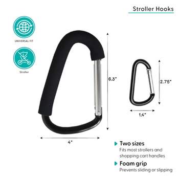 Belle 2 Pack Stroller Hooks - Large Carabiner Clips for Shopping Bags, Diaper Bags and Baby's Accessories, Black