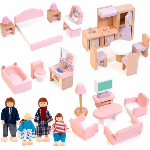 Etokfoks Wooden Dollhouse Furniture Set 26 pcs with 4 Family Dolls for Living Room Bathroom Kitchen Bedroom Pretend Play Ages 3+