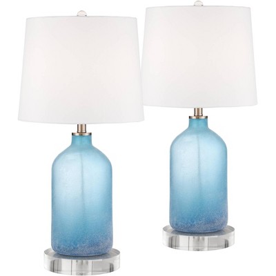 360 Lighting Aston Blue Frosted Glass Table Lamps With 8" Round Risers