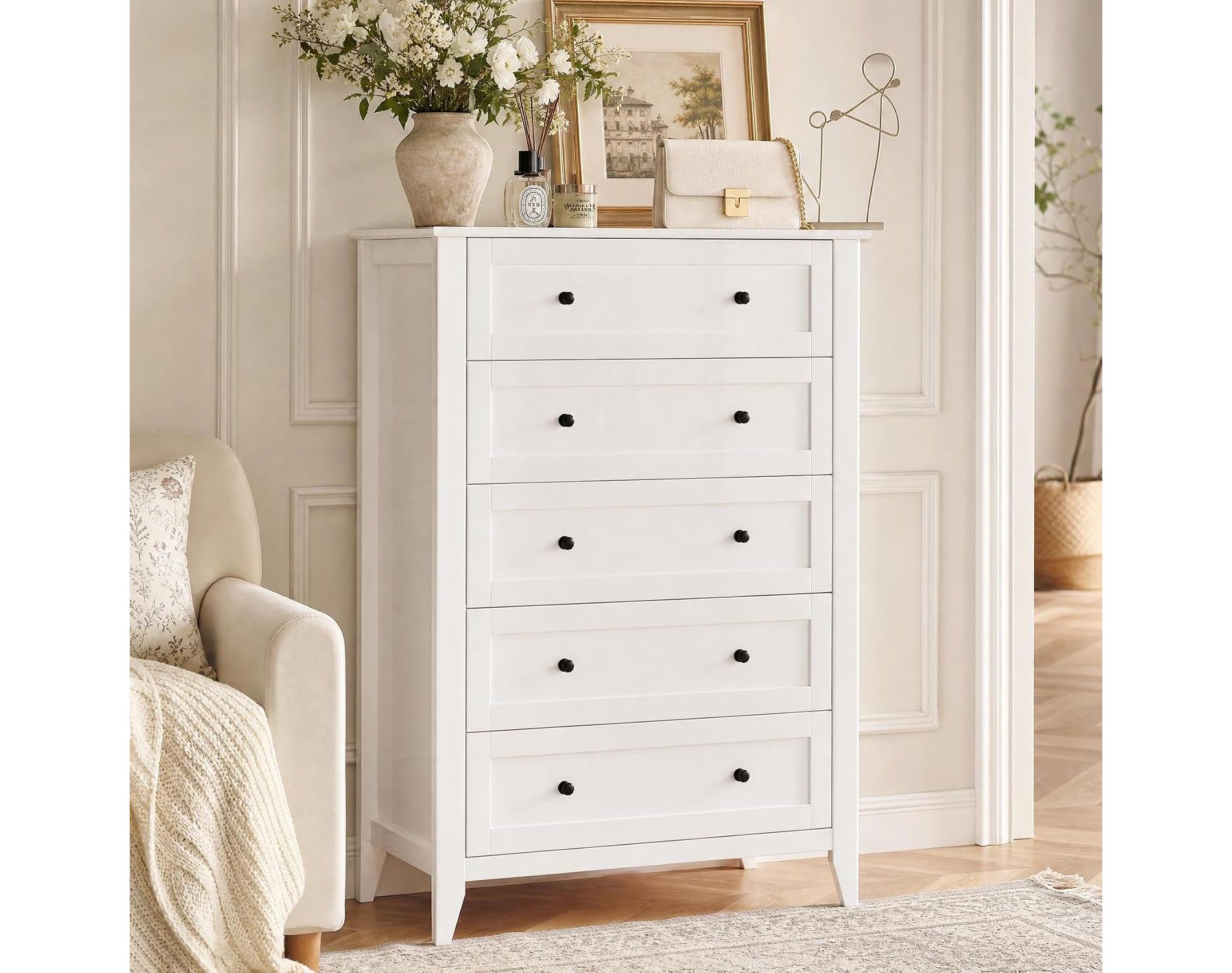 5 Chest of Drawer Dresser, Modern Wood Organizer Dresser Storage Cabinet with Drawers for Bedroom, Living Room, Entryway, White