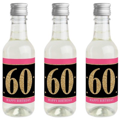 Big Dot of Happiness Chic 60th Birthday - Pink, Black and Gold - Mini Wine and Champagne Bottle Label Stickers - Birthday Party Favor Gift - Set of 16