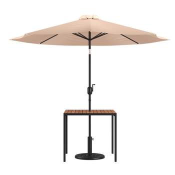 Merrick Lane Square Faux Teak Outdoor Dining Table with Powder Coated Steel Frame, 9' Adjustable Umbrella and Base