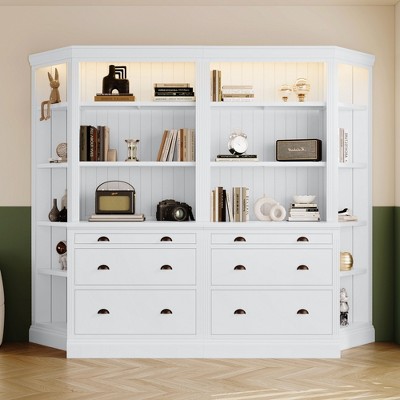 TiramisuBest 83.4"Tall Bookcase with LED Lighting–Modern Storage Bookshelf with 3 Drawers and Adjustable Shelves for Living Room and Home Office,White