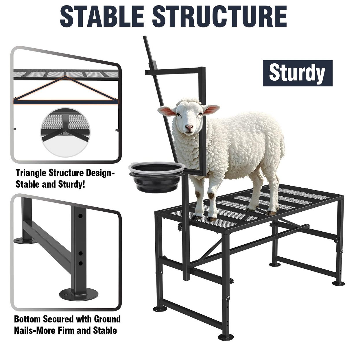 47in Adjustable Metal Goat Stand with Feeder, Heavy Duty 600 lb Capacity for Grooming Shearing and Milking - thumbnail 2