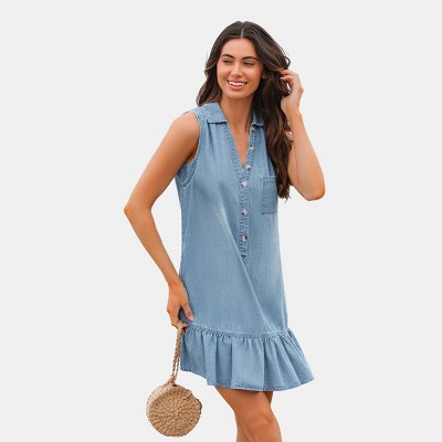 Women's Denim Collared Sleeveless Flounce Mini Dress - Cupshe