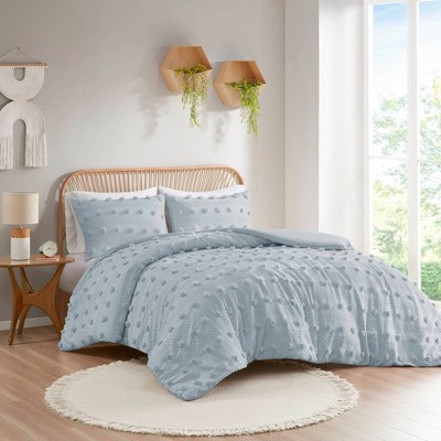 Blue Clip Jacquard Twin/Twin XL Duvet Cover Set with Pompom Accents