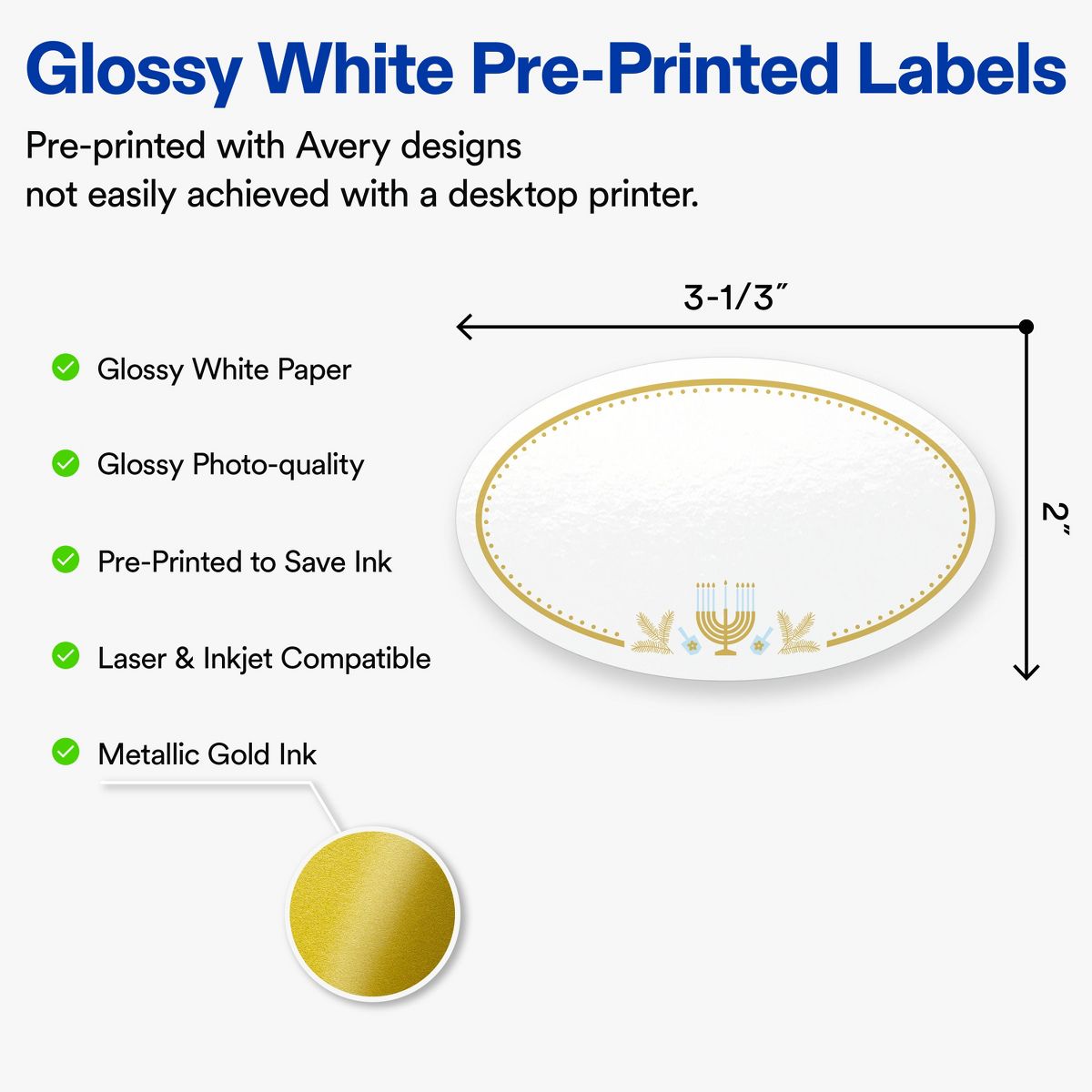 Avery® Labels, 2" x 3-1/3", Glossy, Gold Menorah Frame, 160 - thumbnail 2