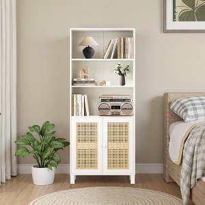 MAYEERTY 5-Shelf Bookcase with Rattan Doors, Tall Display Shelves - Home Office, Bedroom, White - 1 of 4