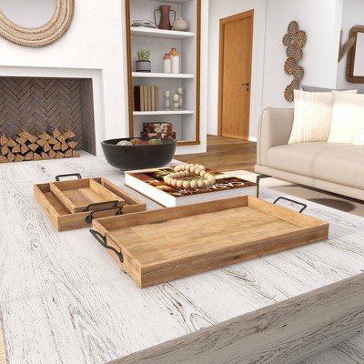 Rustic Brown Mango Wood Rectangular Tray Set with Slot Handles