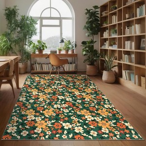 Washable Rug Non-Slip Backing Modern Vibrant Floor Carpet Farmhouse Floral Accent Rugs - 1 of 4