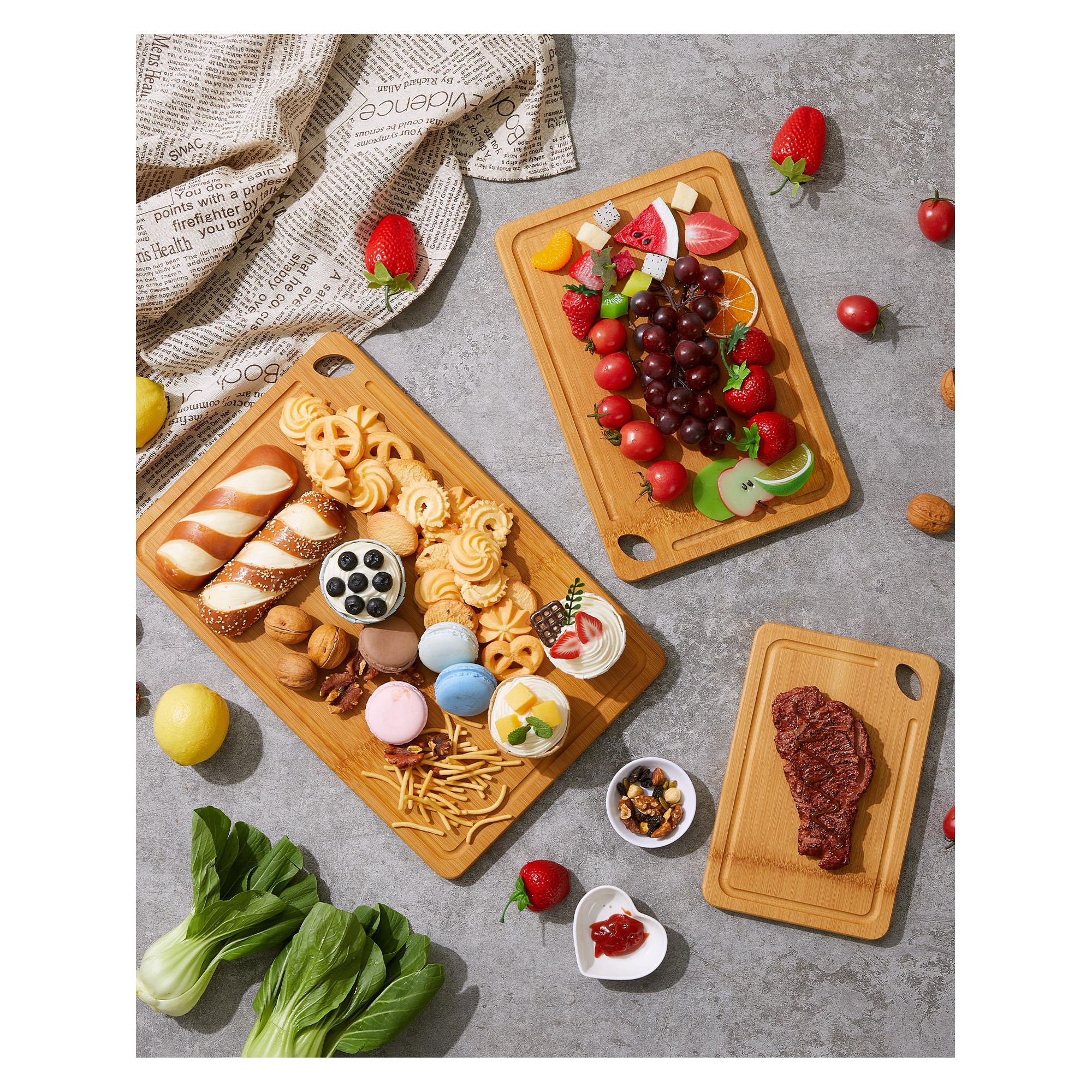 Cutting Board Set of 3, Multi-Sizes Kitchen Cutting Boards with Deep Juice Grooves & Built-in Handle, Wooden Chopping Boards(15x10, 12x8, 9x6 inch)
