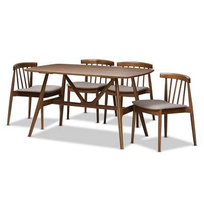 Wyatt Mid-Century Walnut 5-Piece Dining Set with Gray Upholstered Seats