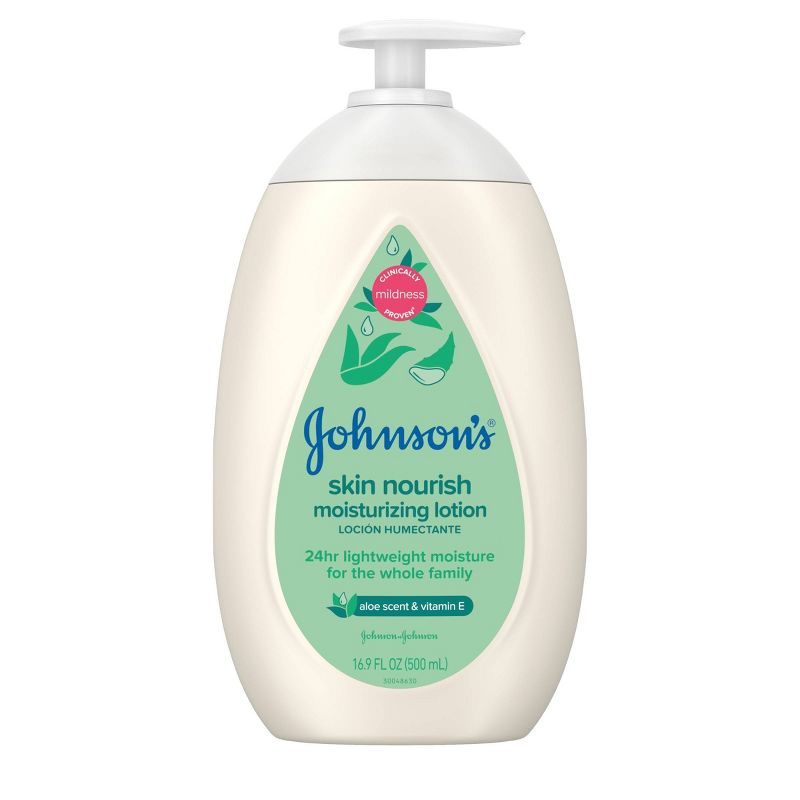Johnson&#39;s Skin Nourish Moisturizing Baby Body Lotion, Aloe Scent &#38; Vitamin E, Gentle &#38; Lightweight -16.9 fl oz, 1 of 10
