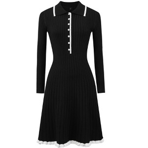 INSPIRE CHIC Women's Midi Knitted Ribbed Ruffled A-Line Sweater Polo Dresses - 1 of 4