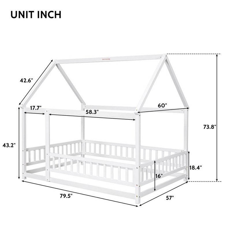 Full Size House Floor Bed With Roof Fence Guardrails Easy Assembly Multifunctional Playhouse Bed, 2 of 6