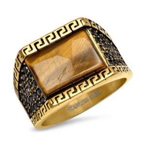Steeltime Men's 18k gold plated stainless steel and tiger eye statement ring with black simulated diamond and greek key. - 1 of 4