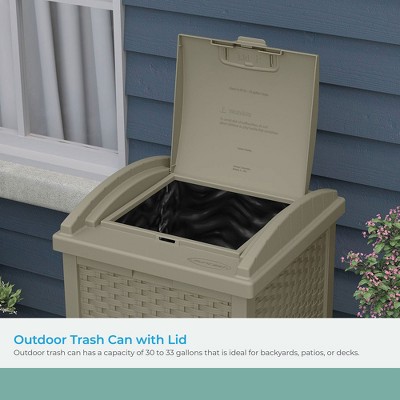 Dark Taupe Wicker-Style Plastic Outdoor Trash Can with Lid