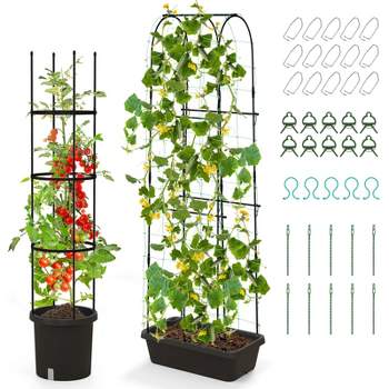 Tangkula 2-Pack Garden Trellis, 58.5” Tomato Cage & 71” Cucumber Trellis w/ Planter Box Self-Priming Irrigation