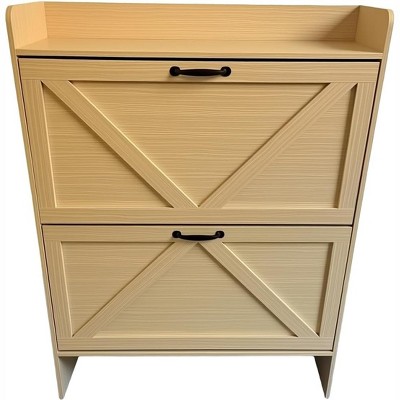 Slim Shoe Storage Cabinet with 2 Drawers, Freestanding Hidden Entryway Shoe Rack, Modern Space-Saving Metal-Leg Organizer Unit