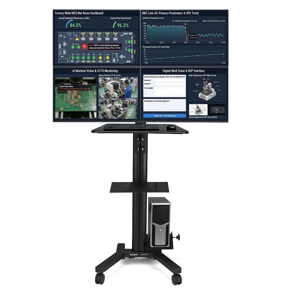 Yescom NexusX Commander Rolling Computer Cart 4-Monitors Industrial Heavy-Duty Mobile Workstation for Production Line Monitoring MES/HMI Control Shop