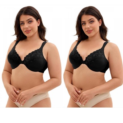 INSPIRE CHIC 2 Pcs Women's Front Closure Lace Trim Underwire Adjustable Straps Plunge Bras
