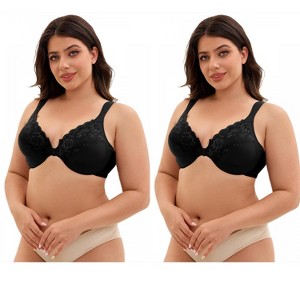 INSPIRE CHIC 2 Pcs Women's Front Closure Lace Trim Underwire Adjustable Straps Plunge Bras - 1 of 4