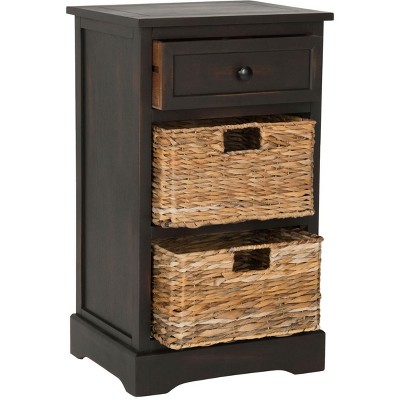 Transitional Brown Pine 3-Drawer Side Table with Woven Baskets