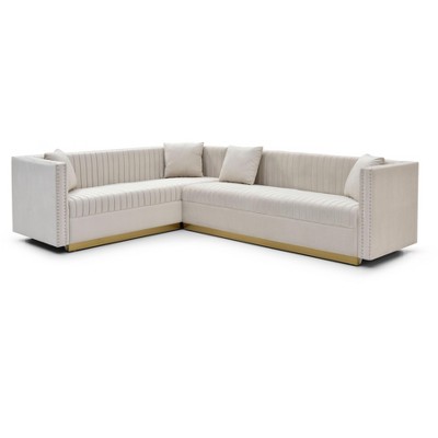 NicBex Vertical Channel Tufted Sectional Sofa,Velvet Corner Couch with 4 Pillows for Living Room,Apartment,Office,Beige