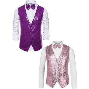 Lars Amadeus Men's Shiny Sequin Sleeveless Tuxedo Vest Set with Bow Tie 2 Packs - 1 of 4