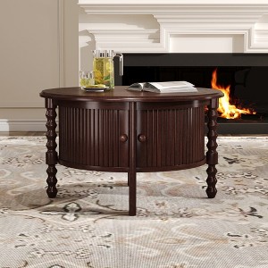 Hrinhom 30.3"W Vintage Round Storage Coffee Table with Sliding Door - 1 of 4