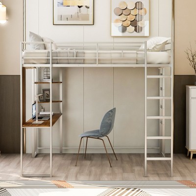 Bellemave Full Size Loft Bed with Desk and Storage Shelves Metal Loft Bed for Kids Teens, Silver