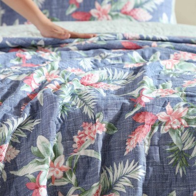 Navy Cotton Reversible King Quilt Set with Botanical Print