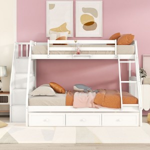 Twin-Over-Full Bunk Bed with Drawers，Ladder and Storage Staircase, Espresso - 1 of 4