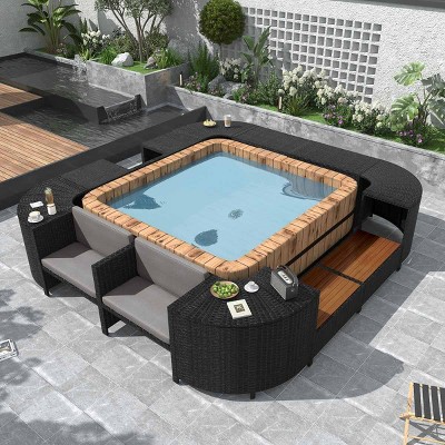 9 Piece Outdoor Spa Surround Rattan Sectional Sofa, Patio Furniture Set with Storage, Modular Patio Sofa Set with Waterproof Cushions-Coolbibila