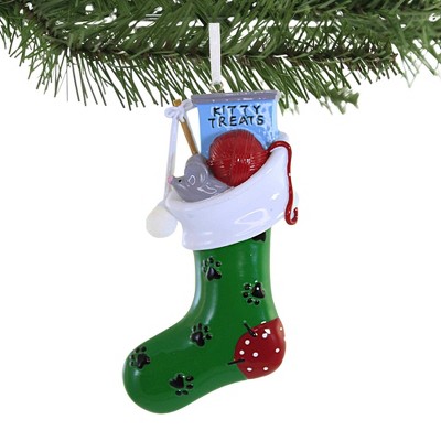 Green and White Resin Cat Stocking Ornament with Customizable Trim