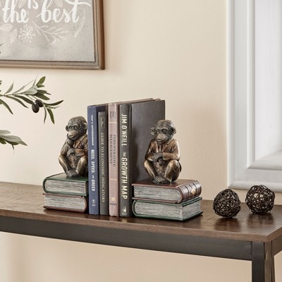 Antique Patina Finish Monkey Bookends with Resin Base