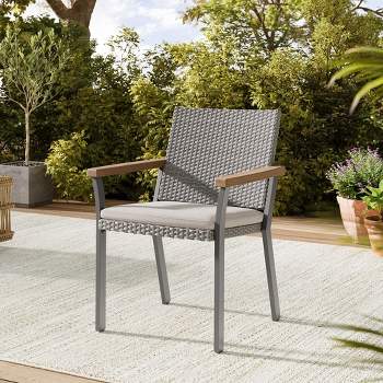 SONGMICS HOME Sencillo Collection - Dining Chair, Armchair, Patio Chair, with Faux Wood Armrests, Modern and Transitional Style,Gray and Beige