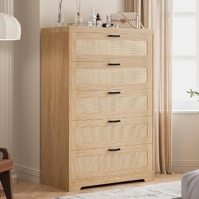 Tall Drawers Rattan Dresser, with Wooden Spacious Top,Handles,Easy to Assemble, for Bedroom,Living Room,Entryway,Hallway