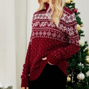 Women's Snowflake Knit Sweater High Neck Christmas Pullover Jacquard Pattern Holiday Top - 1 of 4