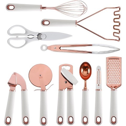 Cook With Color Kitchen Gadget Set Stainless Steel Utensils with Soft Touch Handles, 10 Pc. Copper, White