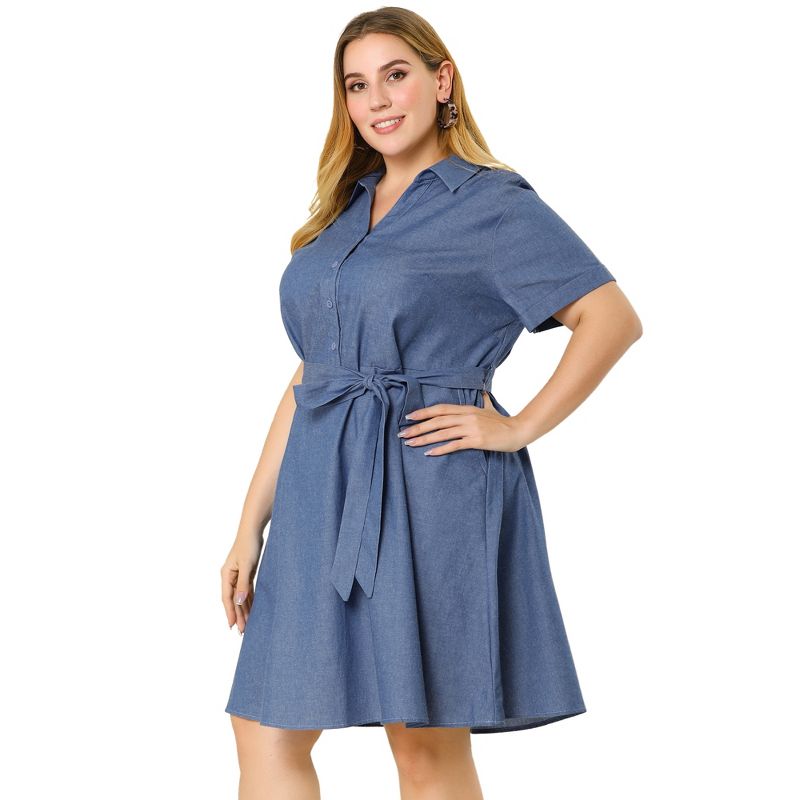 Agnes Orinda Women's Plus Size Relaxed Fit Buttons Belted Short Sleeves Chambray Shirtdress, 4 of 7