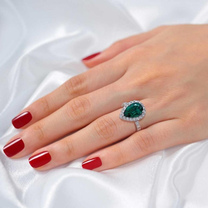 Pompeii3 5Ct Pear Shape Emerald & Lab Created Diamond Halo Ring in 10k White Gold, 4 of 6