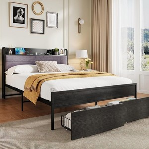 Full Bed Frame with Storage Drawers and Charging Station, Grey Upholstered Headboard Bed with 2-Tier Storage Shelf, Black Metal Platform Bed Frame - 1 of 4