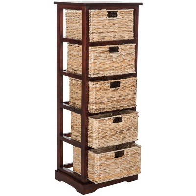 Cherry Pine 5-Drawer Wicker Basket Storage Tower