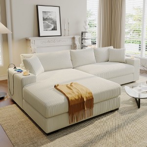 111.5" Large Corduroy Upholstered L-Shaped Sectional Sofa with Wide Chaise Longue, Thick Cushions, Cup Holders & Dual Charging Ports - 1 of 4