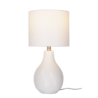 White Ceramic Gourd Table Lamp with Linen Drum Shade, 18"