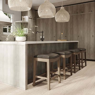 Reclaimed Oak Saddle Counter Stool with Gray Vegan Leather