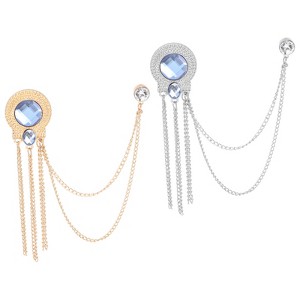 Unique Bargains Hanging Fashion Crystal Lapel Suit Round Gem Tassel Chain Brooch Pins 2 Pcs - 1 of 4